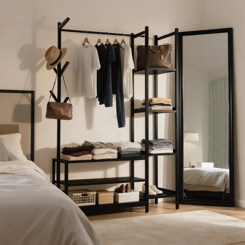 4 in 1 Freestanding Closet Organizer with Clothes Rack & Shoes Rack & 5 Side Shelves, Heavy Duty Wood Clothing Rack for Hanging Clothes, Multi-functional Wardrobe Closet for Entryway/Bedroom- Back