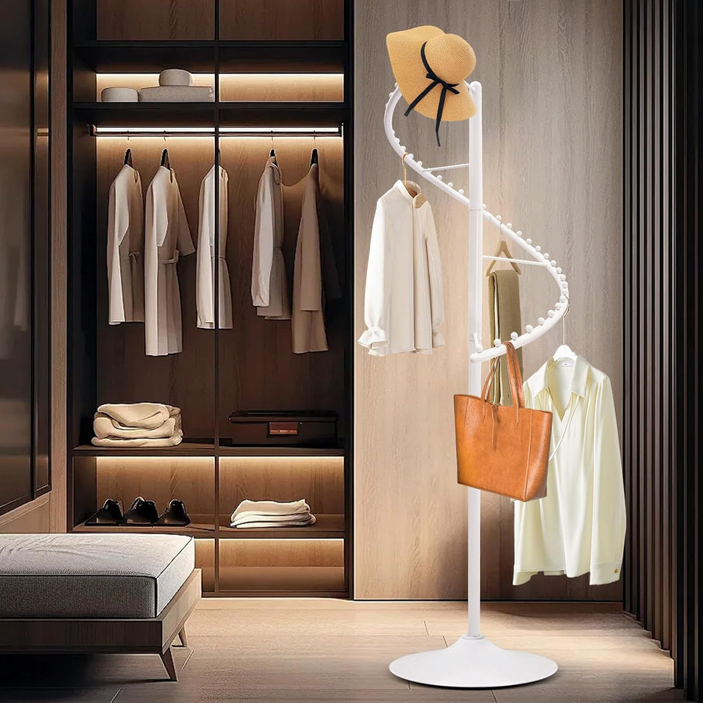 Modern Spiral Rotating Garment Rack, Heavy Duty Freestanding Portable Clothing Rack, Freestanding Fashion Clothing Display Rack for Retail Stores Gold (White)