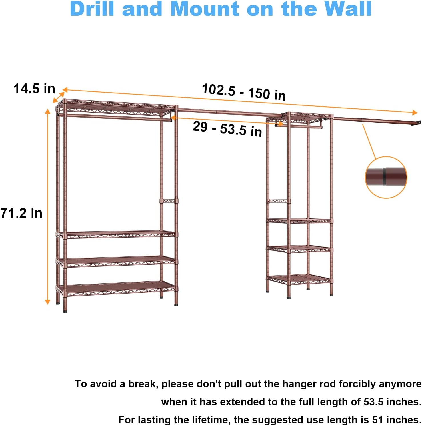 Ulif E11 Heavy-Duty Garment Rack, Metal Freestanding Clothes Rack and Closet Storage Organizer System with 8 Shelves and 4 Hanger Rods, (73.2-97.6)' W x 14.5' D x 71.2' H, Load 1034 LBS, Bronze