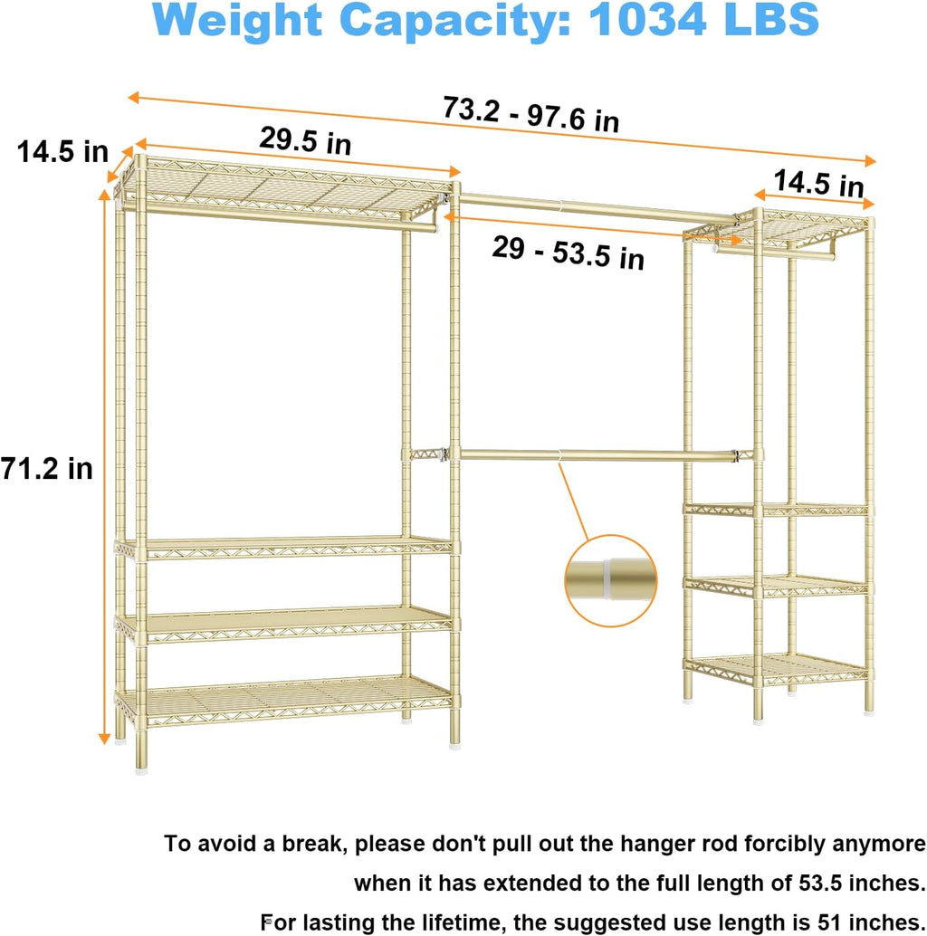 Ulif E11 Heavy-Duty Garment Rack, Metal Freestanding Clothes Rack and Closet Storage Organizer System with 8 Shelves and 4 Hanger Rods, (73.2-97.6)' W x 14.5' D x 71.2' H, Load 1034 LBS, Gold