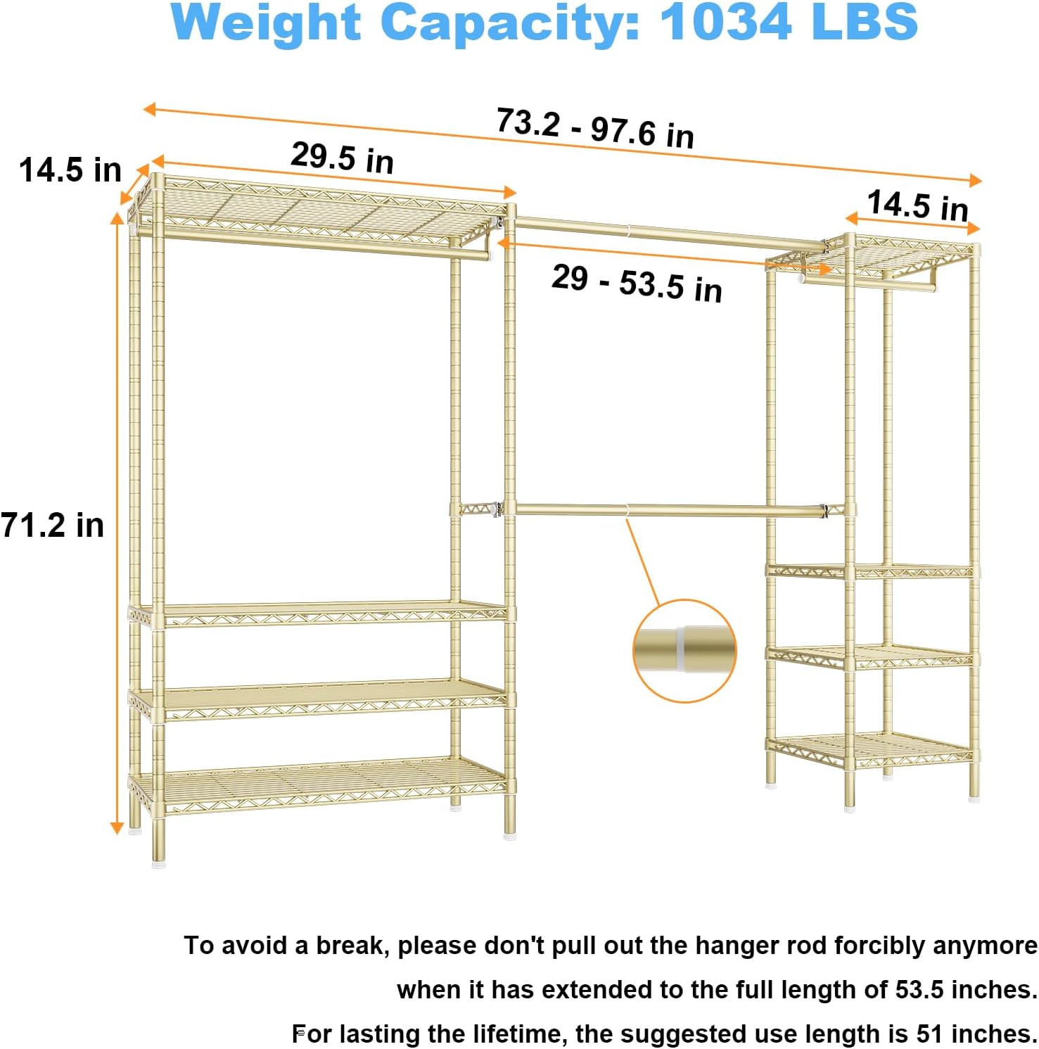 Ulif E11 Heavy-Duty Garment Rack, Metal Freestanding Clothes Rack and Closet Storage Organizer System with 8 Shelves and 4 Hanger Rods, (73.2-97.6)' W x 14.5' D x 71.2' H, Load 1034 LBS, Gold