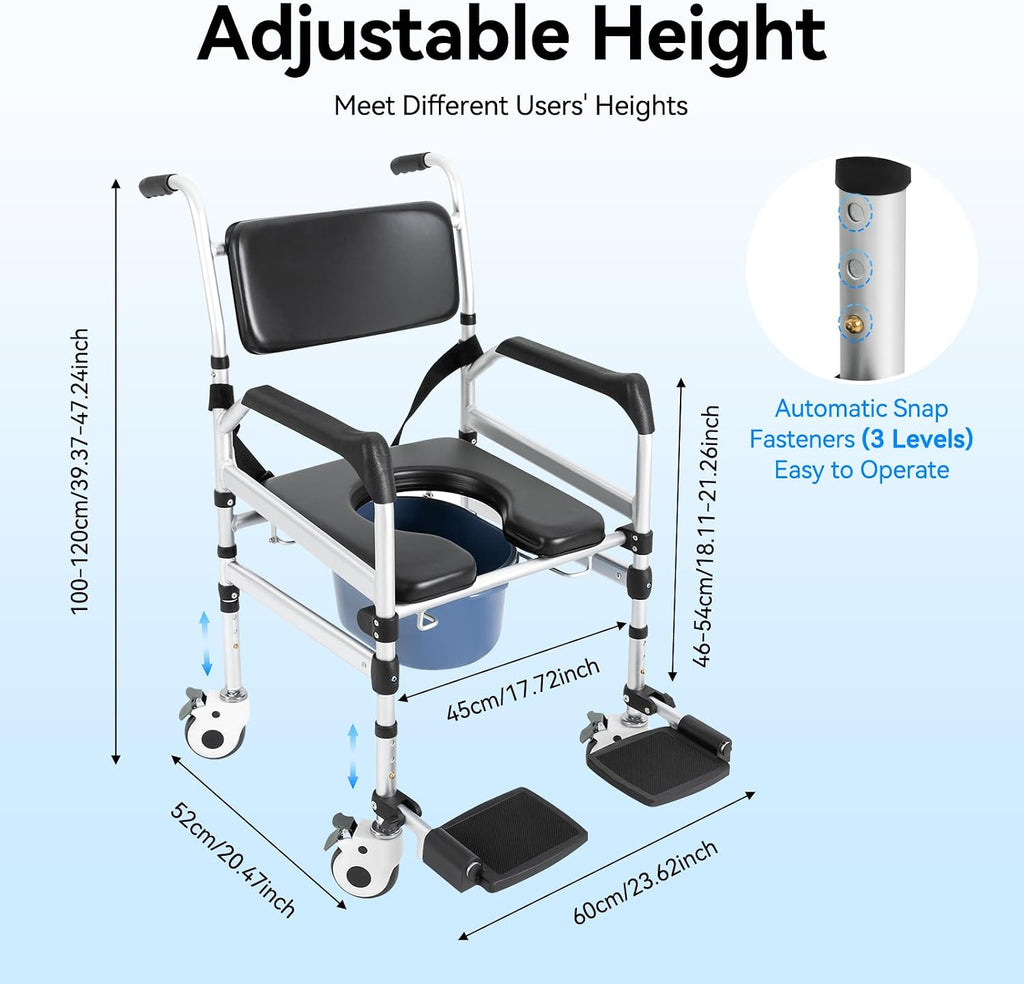 Shower Chair, Rolling Shower Chair with Handles Arms, Bedside Commode Chair with Wheel, Wheelchair for Elderly Disable,Heavy Duty Raised Toilet Seat Riser for Adults