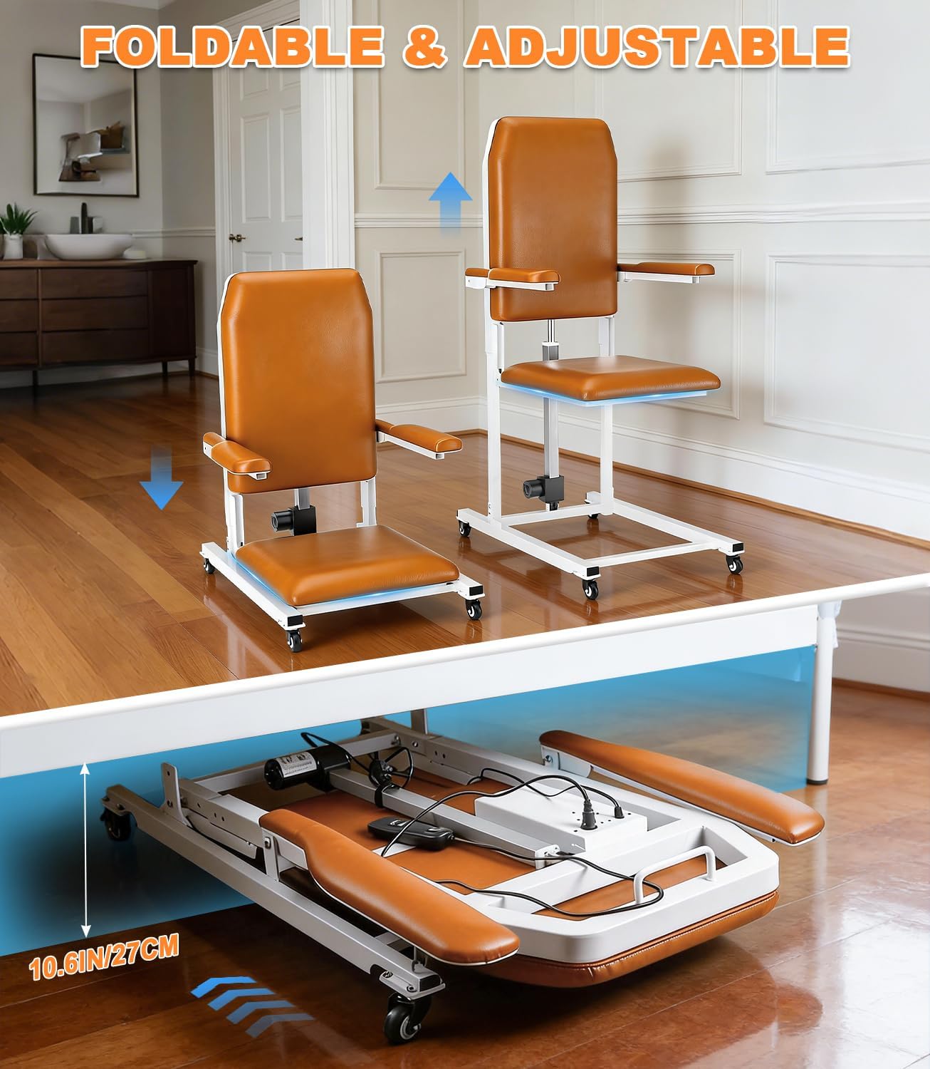 Lift Electric Lift Chair with Wheels - Foldable Standing Assist Chair Adjusts 4-20 in, Supports 573 lbs, Soft PU Cushion & Safety Strap for Elderly at Home & Care - Orange
