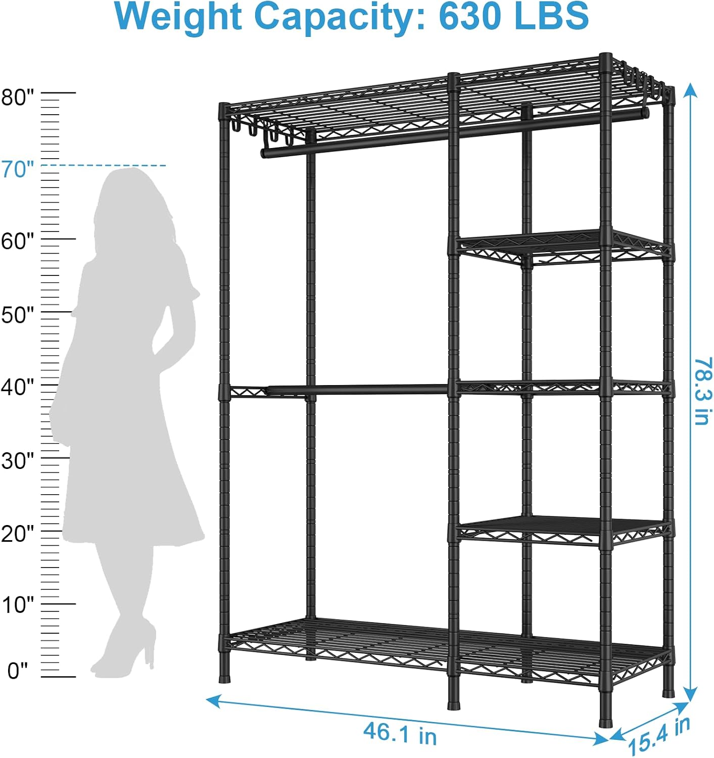 Ulif F2 Clothes Rack, 5 Tiers Heavy Duty Garment Rack for Bedroom, Freestanding Adjustable Closet Storage Organizer, 46.1' W x 15.4' D x 78.3' H, Load 630lbs, Upgraded Black