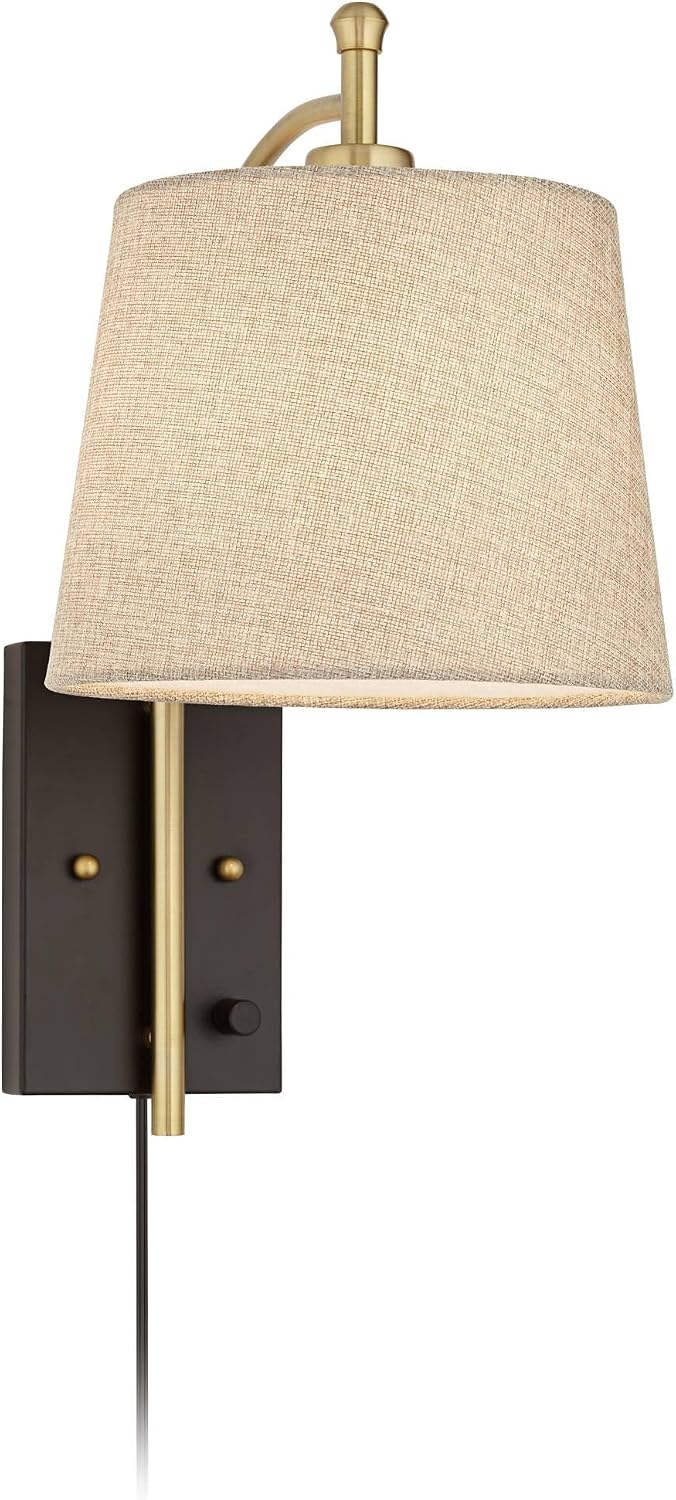360 Lighting Chester Modern Swing Arm Wall Lamps Set of 2 Brass Black Metal Plug-in Light Fixture Tan Fabric Drum Shade for Bedroom Bedside House Reading Living Room Home Hallway Dining