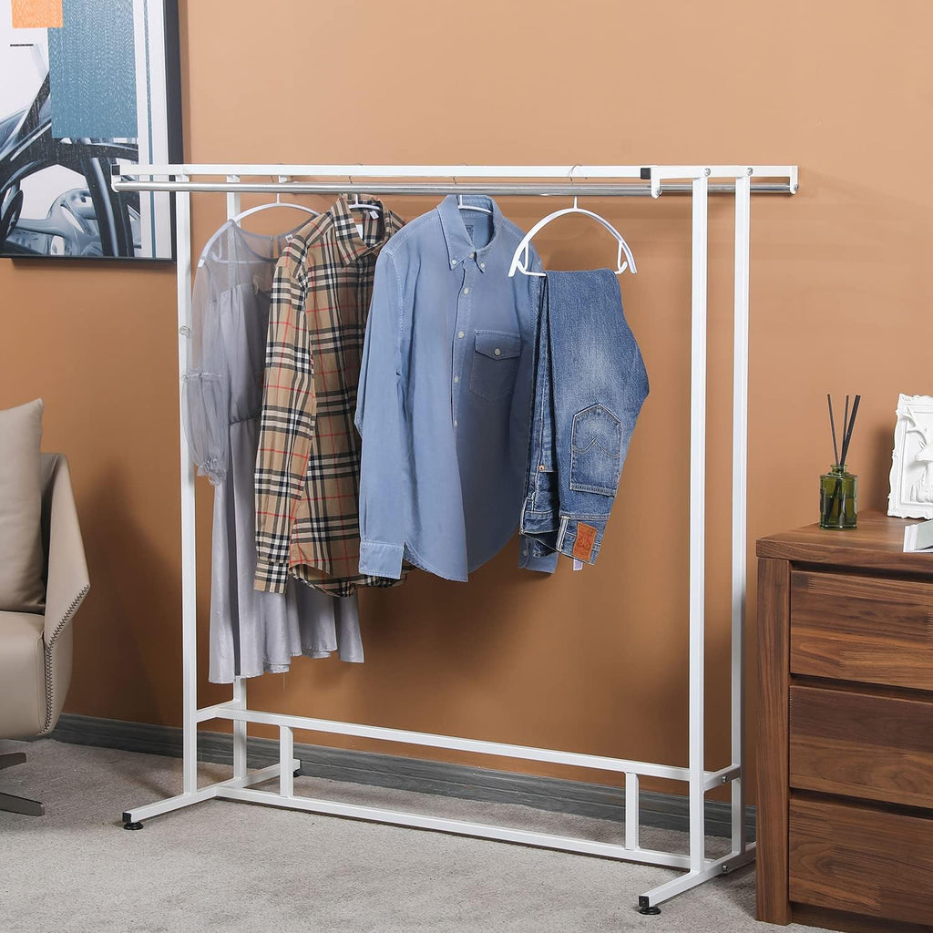 MyGift White Stainless Steel Freestanding Garment Rack, Heavy Duty Double Rod Clothes Rack Clothing Hanger Stand with Storage Display Shelf