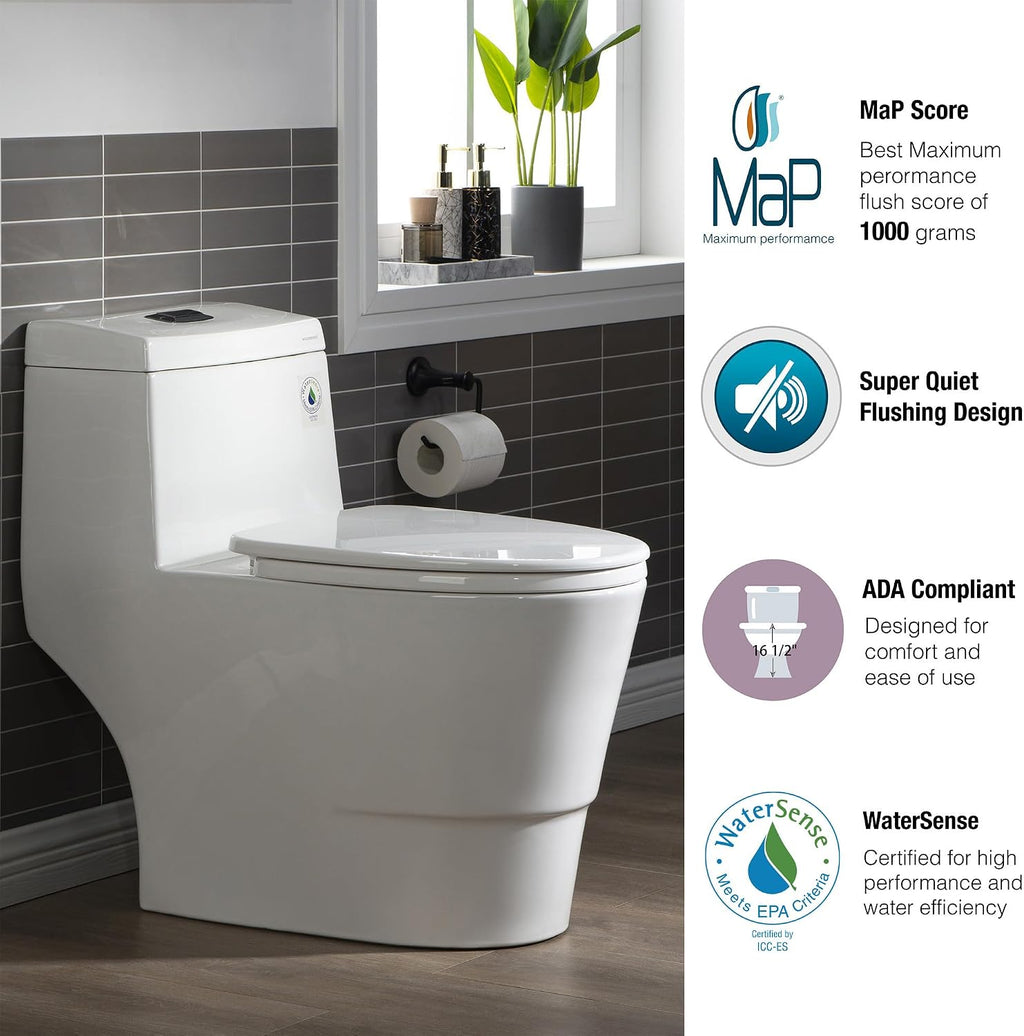 WOODBRIDGEE One Piece Toilet with Soft Closing Seat, Chair Height, 1.28 GPF Dual, Water Sensed, 1000 Gram MaP Flushing Score Toilet with Mattle Black, White,B0940-F-MB