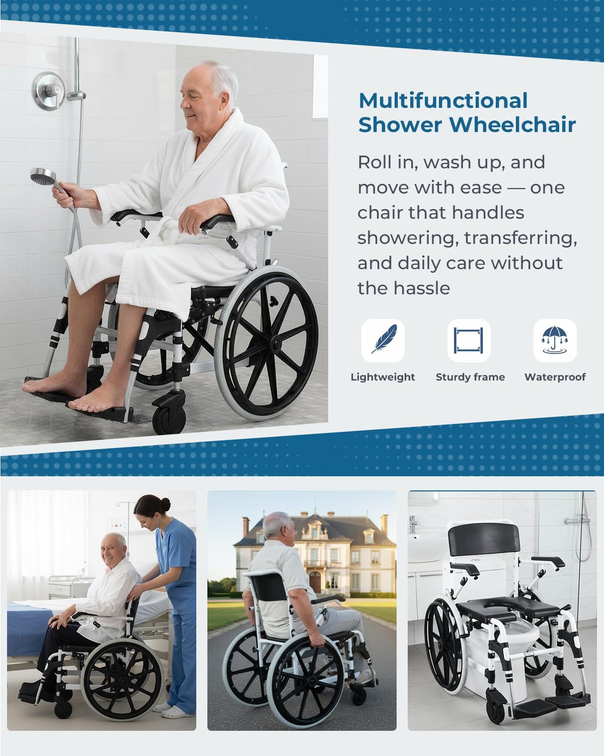 Self-Propelled Shower Wheelchair, Bedside Commode Chair with 22' Wheels, Bathroom Wheelchair for Inside Shower, Swivel Armrests, Waterproof Transport Wheelchair for Disabled&Elderly, 300LBS