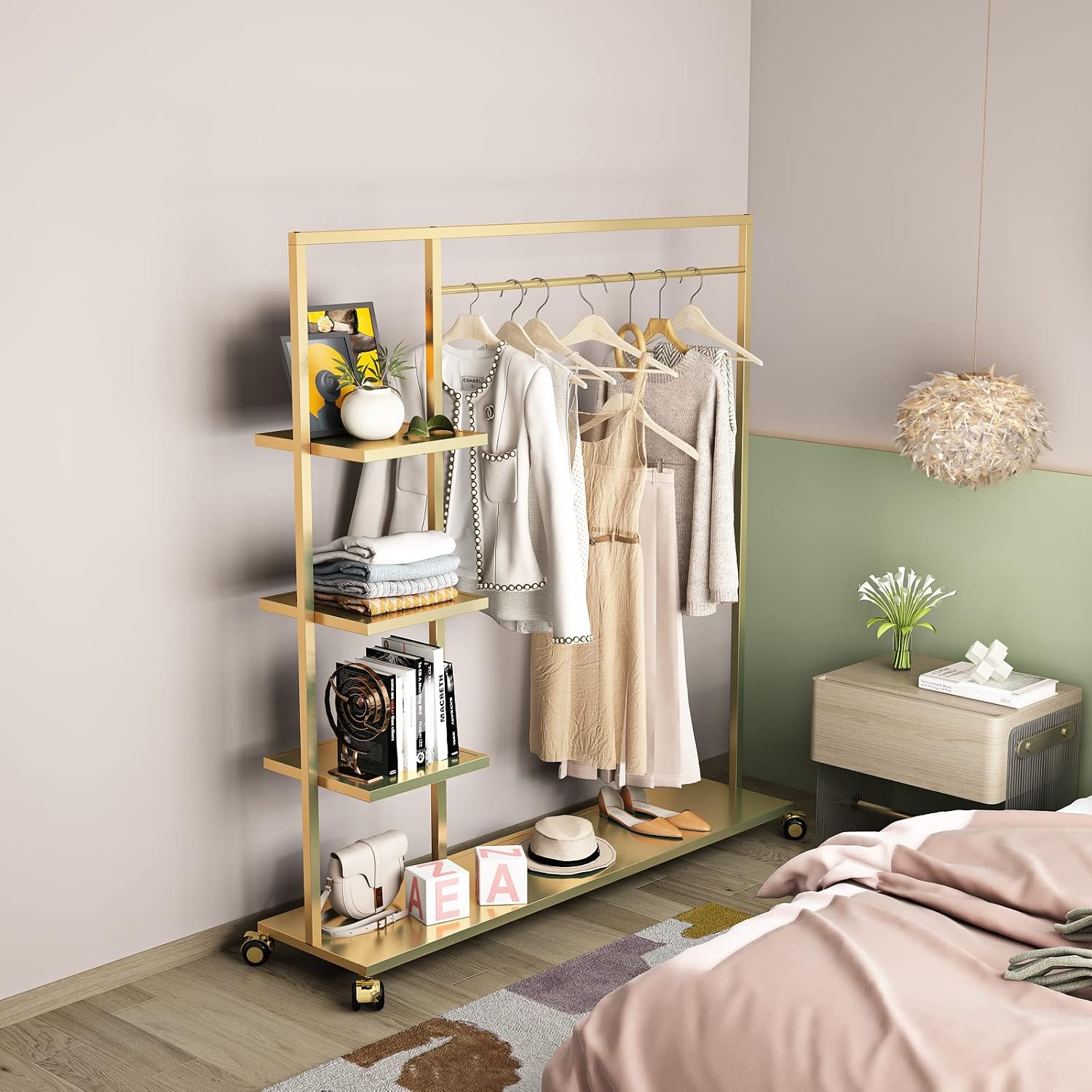 Gold Clothing Racks with Shelf, Boutiques Retail Display Gold Clothes Rack, Multiple Uses Heavy Duty Garment Rack for Hanging Rods for Home and Retail