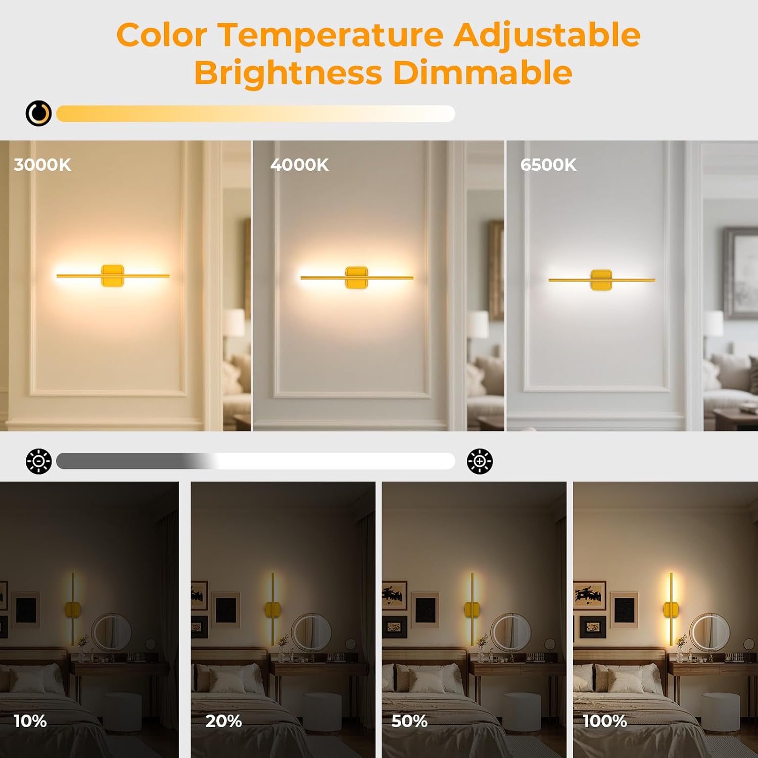 GvvooHome Battery Operated Wall Sconce Detachable 360°Rotate, Wireless Wall Lamp 3000-6500K Dimmable, 10000mAh Rechargeable Wall Light for Bedroom, Living Room，28.3' Black Gold 4 Pack