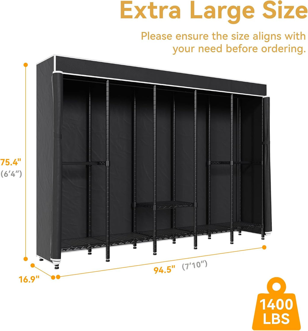 Higeego 94.5'W Heavy Duty Clothing Rack with Cover, H5C Garment Rack with Adjustable Shelves Freestanding Wardrobe Closet with Hanging Rods Portable Closet, Black Rack with Black Cover, Load 1400 lbs
