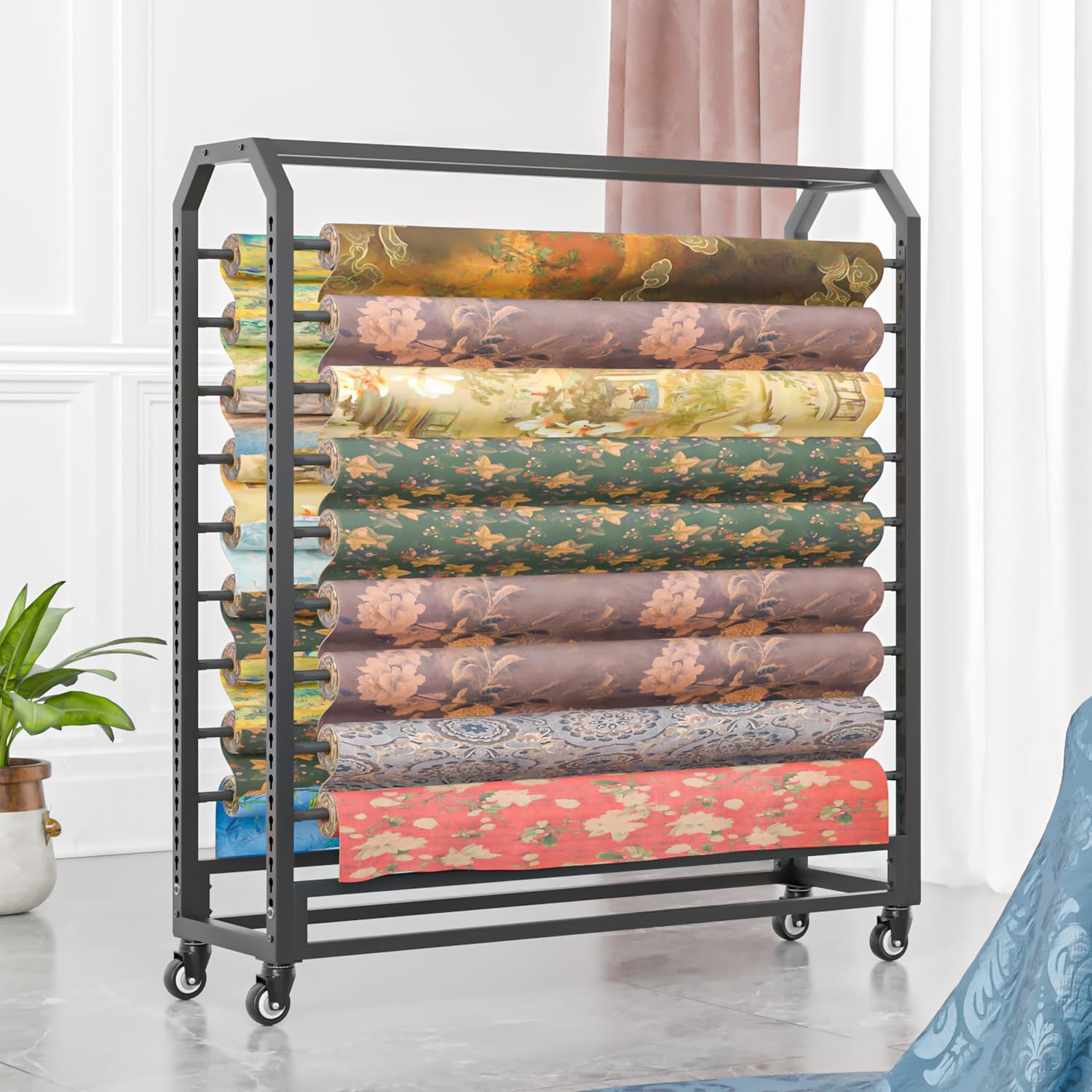 16 rods Commercial Fabric Roll Storage Rack, Large Textile Fabric Display Rack with Adjustable Hanging Rod, Movable Organizer Holder for Vinyl Roll/Leather Roll/Curtain Studio/Wallpaper (16 rods)