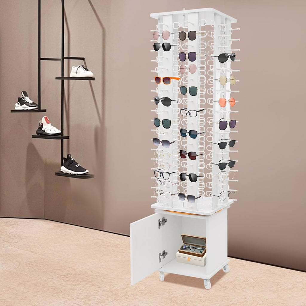 144 Capacity Eyeglass Display Stand 360° Rotating Sunglasses Rack Organizer Holder with Base Square Freestanding Countertop Spinner for Retail Boutique (White, 144 Pairs)