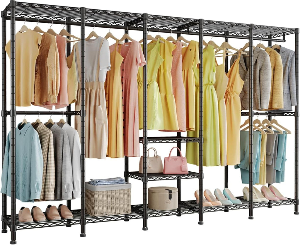 Higeego H5 Extra Large Wire Garment Rack, Heavy Duty Clothes Rack, Freestanding Clothing Rack for Hanging Clothes, Wardrobe Closet with Adjustable Shelf, 93.3' Wx15.7 Dx75.4 H, Black, Load 1400 lbs
