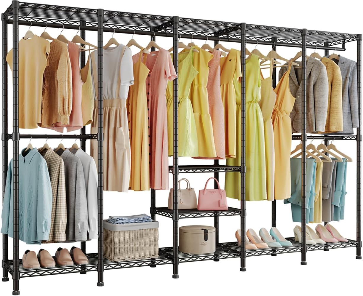 Higeego H5 Extra Large Wire Garment Rack, Heavy Duty Clothes Rack, Freestanding Clothing Rack for Hanging Clothes, Wardrobe Closet with Adjustable Shelf, 93.3' Wx15.7 Dx75.4 H, Black, Load 1400 lbs