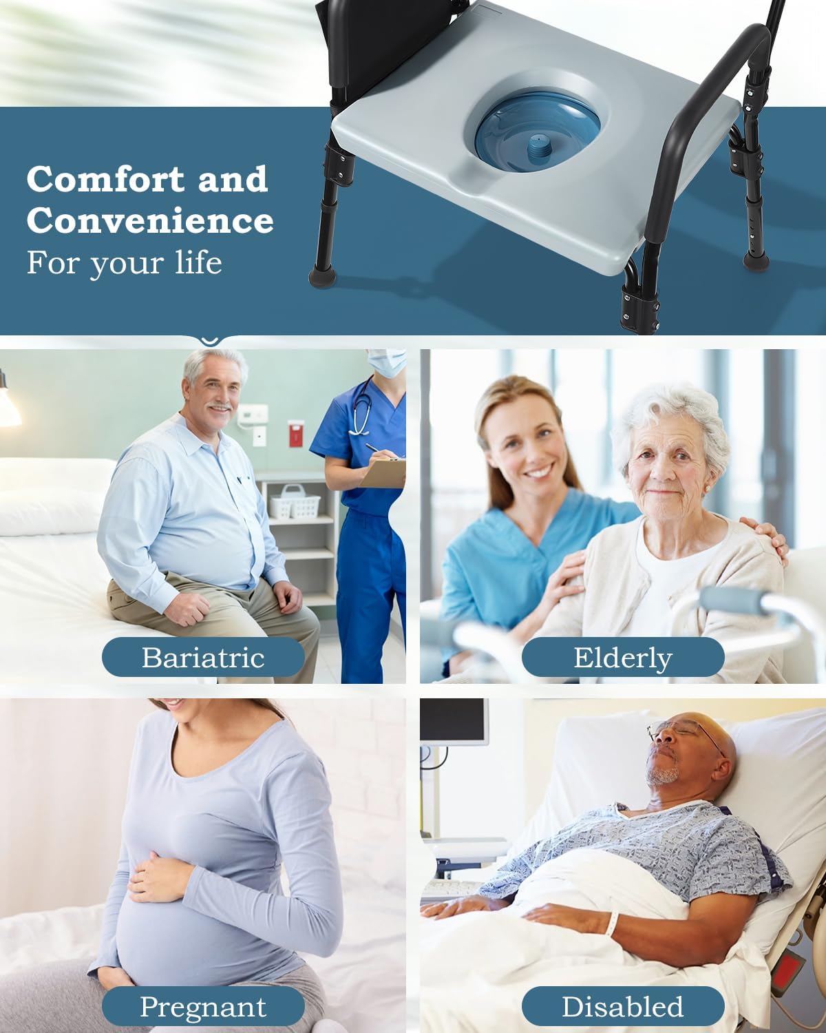 4-in-1 Bariatric Bedside Commode Chair, 1000lbs Heavy Duty Shower Chair, Extra-Wide Seat, Robust Carbon Steel, 5 Adjustable Height, Raised Toilet Seat for Seniors, Disabled, Bariatric Users