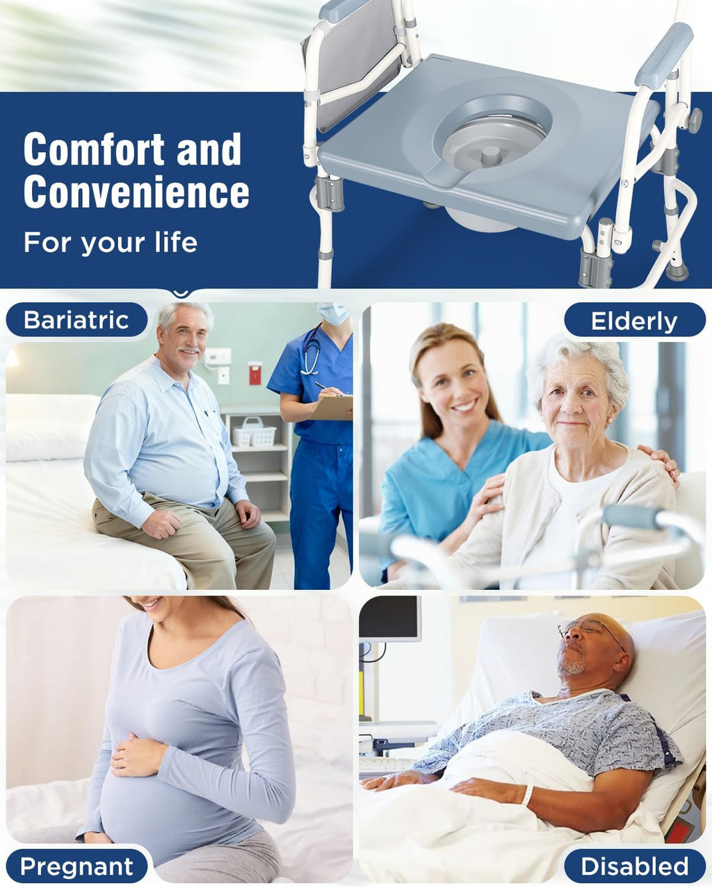 4-in-1 Bariatric Bedside Commode, 1000lbs Heavy-Duty Shower Chair, Drop Armrests, Robust Carbon Steel, 5 Adjustable Height Portable Toilet, Extra-Wide Seat, Raised Toilet Seat for Seniors