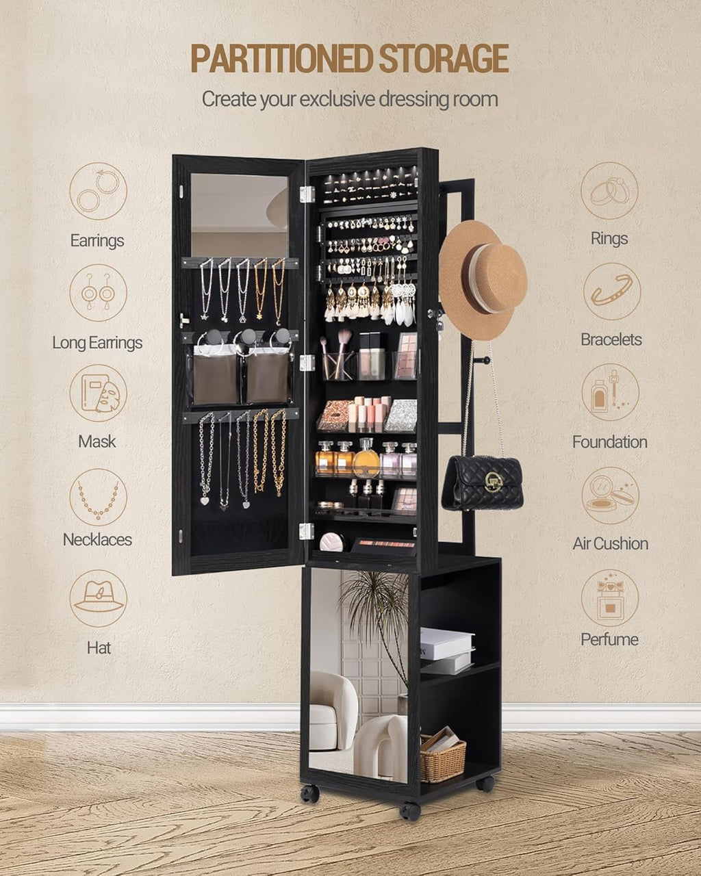 Hzuaneri 8 LEDs Jewelry Cabinet Armoire, 66.9-inch Jewelry Organizer with Garment Rack, Lockable Full-length Mirror with 4 Wheels, Storage Shelves with Hooks, 5-in-1, Black JC17004B