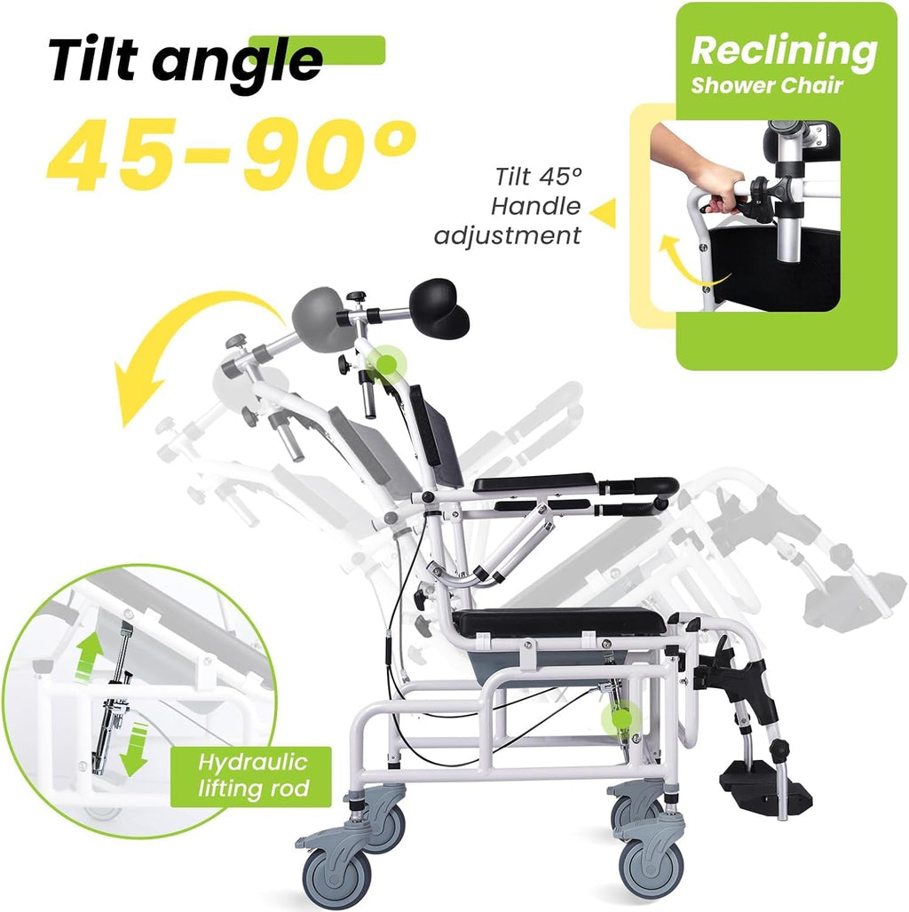 Shower Chair with Soft Seat Cushion, Reclining Shower Chair, Transport Chair Medical Shower Chair, Toilet Chair 300lbs Weight Capacity