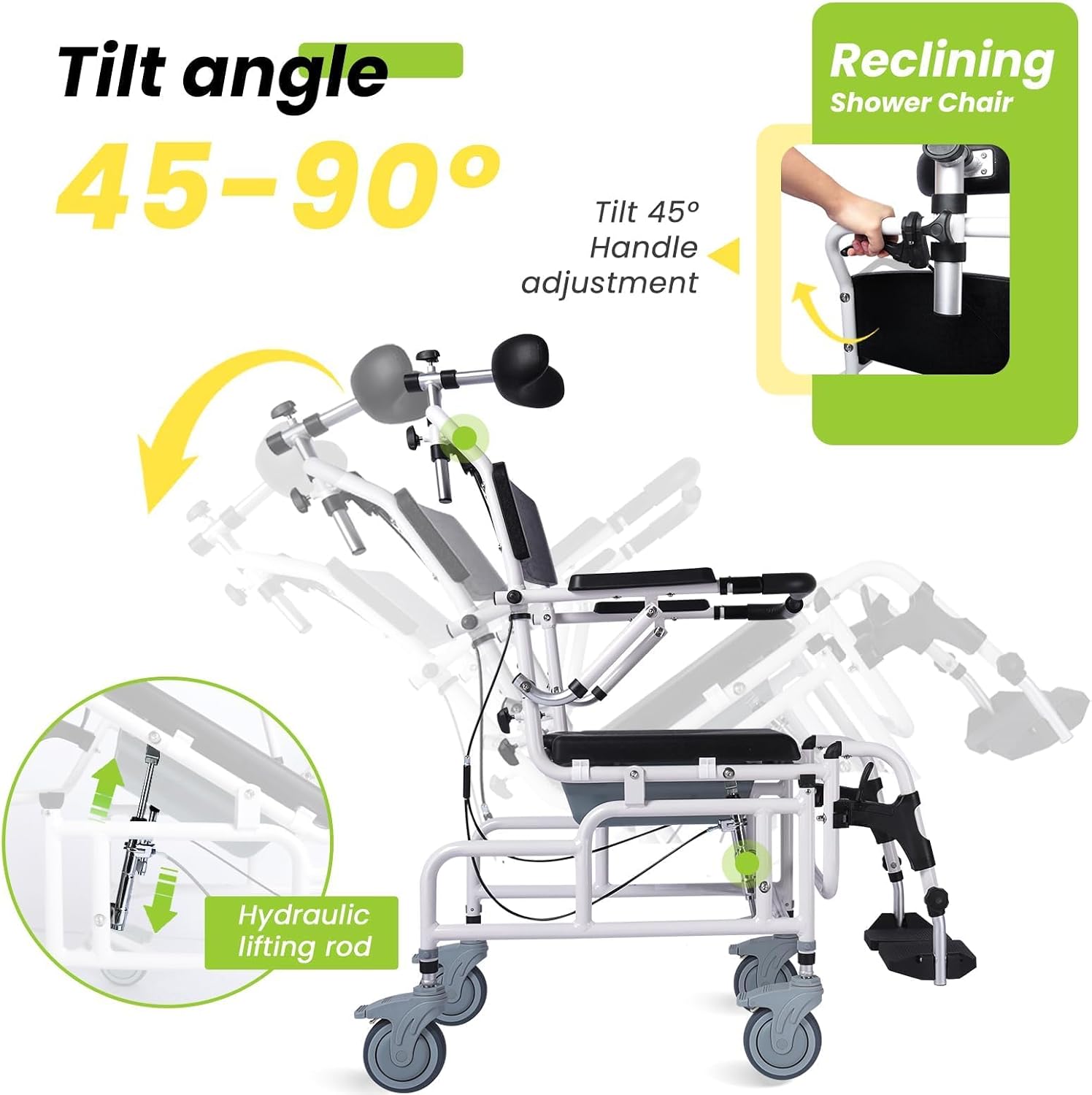 Shower Chair with Soft Seat Cushion, Reclining Shower Chair, Transport Chair Medical Shower Chair, Toilet Chair 300lbs Weight Capacity