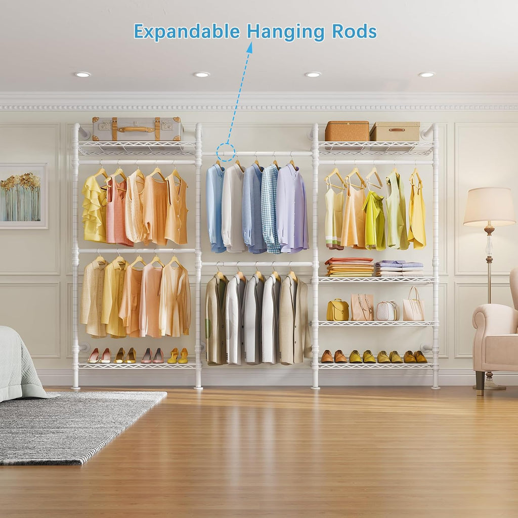 Timate L3 L Shape Garment Rack Heavy Duty Clothes Rack for Hanging Clothes, Expandable Industrial Pipe Wall Mounted Clothing Rack, Adjustable Corner Closet Wardrobe Closet Kit Closet Systems, White