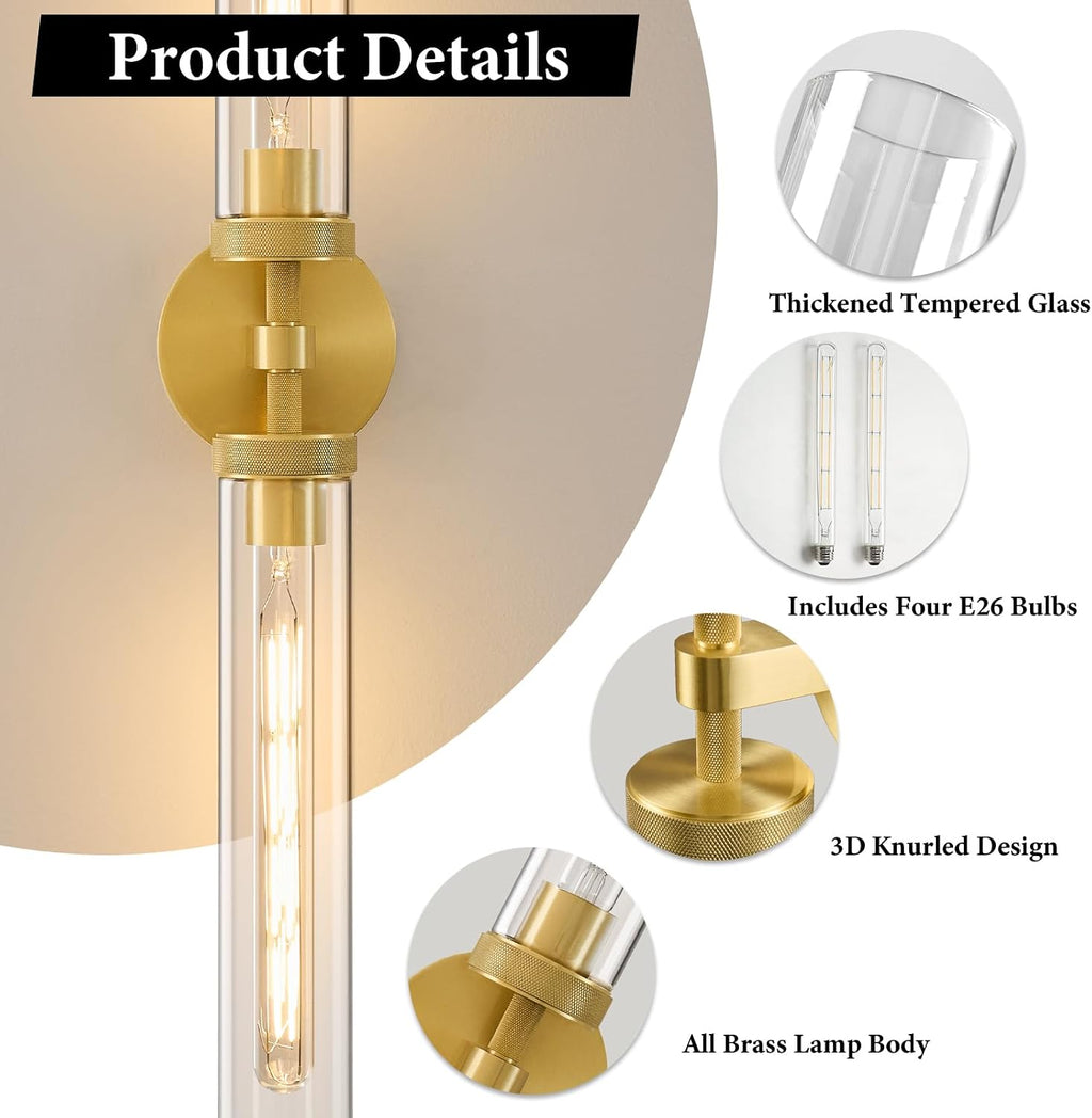Knurled Brass Tube Wall Sconce - Set of 2 Luxury Modern Dimmable Sconces with Bulbs - Gold Glass Vanity Light Fixture - Vertical or Horizontal Mounted Indoor Lighting for Bathroom Bedroom Living Room