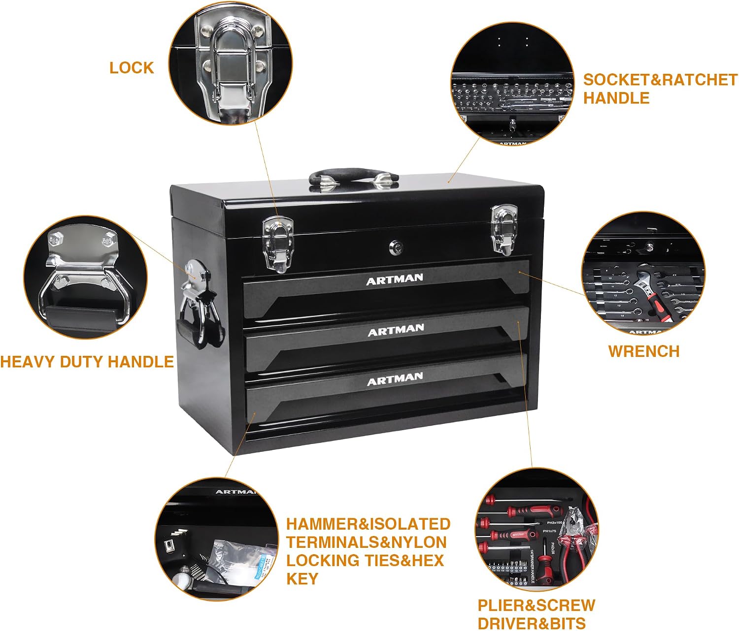 Four layer steel strip, 439 parts and 3 drawer toolboxes, upgraded metal lock safety, practical storage tray to meet the needs of mechanical processing and maintenance