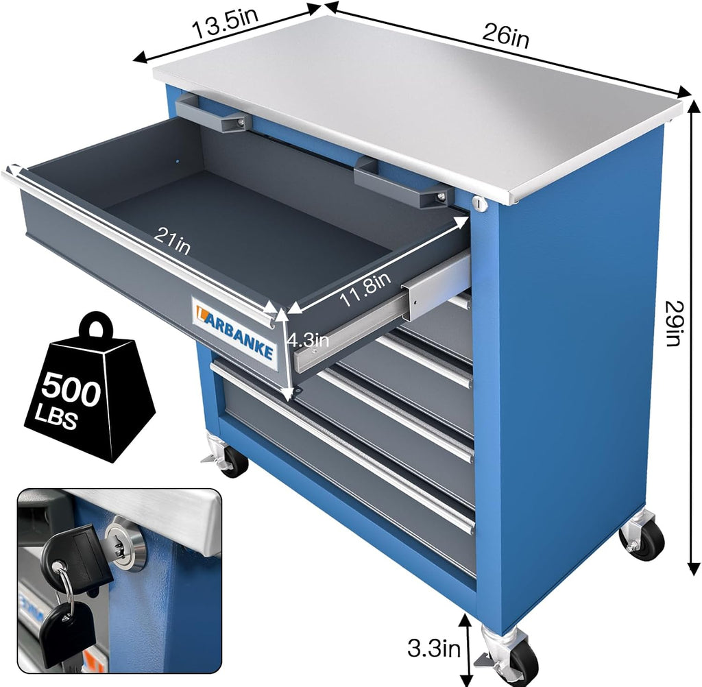 LARBANKE Rolling Tool Chest with Stainless Steel Tabletop,5-Drawer Tool Chest&8-Drawer Tool Box with Connection Buckle,Locking System Storage Cabinet with 360° Brake Swivel Wheels and Foot Pad
