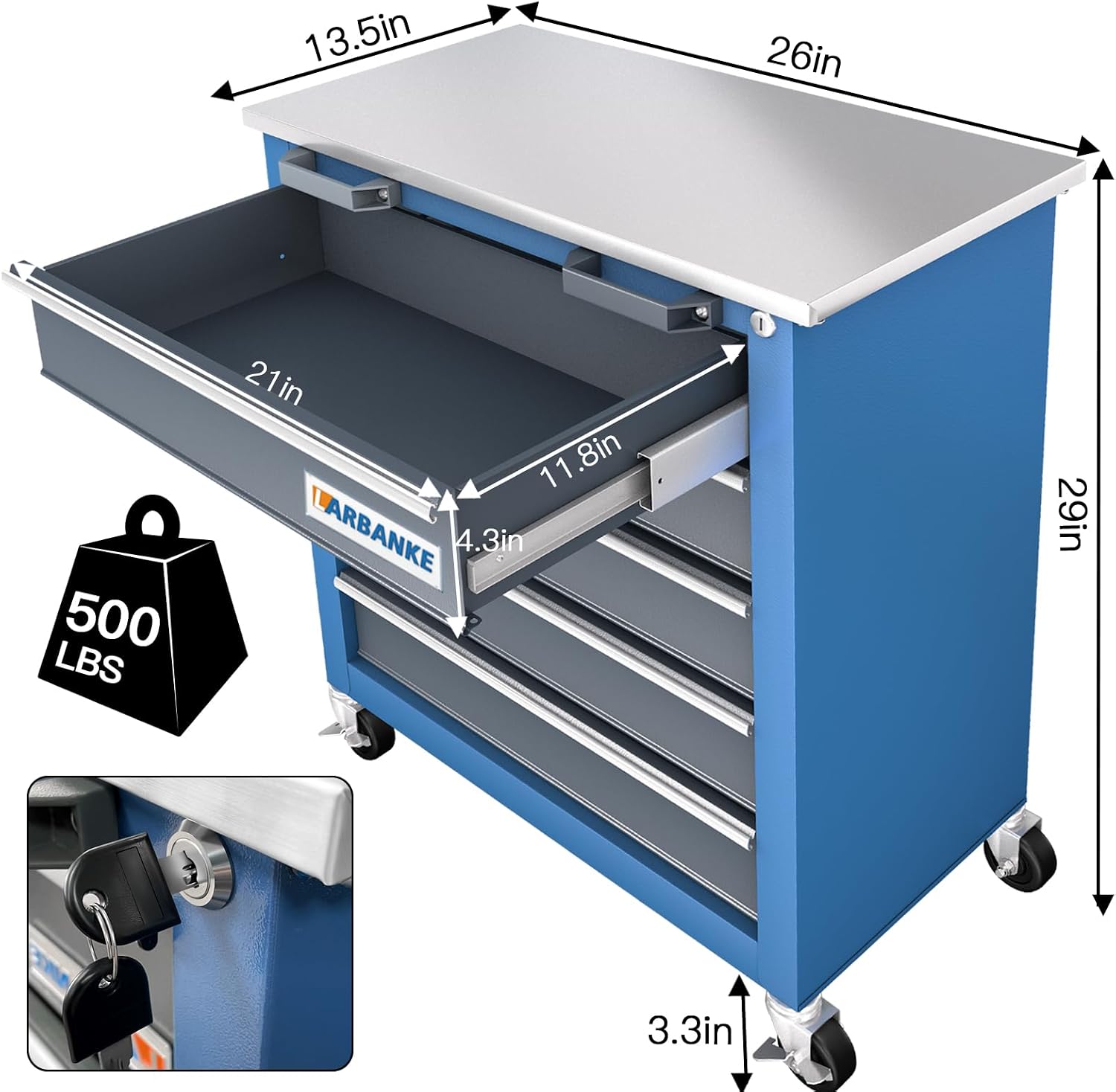 LARBANKE Rolling Tool Chest with Stainless Steel Tabletop,5-Drawer Tool Chest&8-Drawer Tool Box with Connection Buckle,Locking System Storage Cabinet with 360° Brake Swivel Wheels and Foot Pad