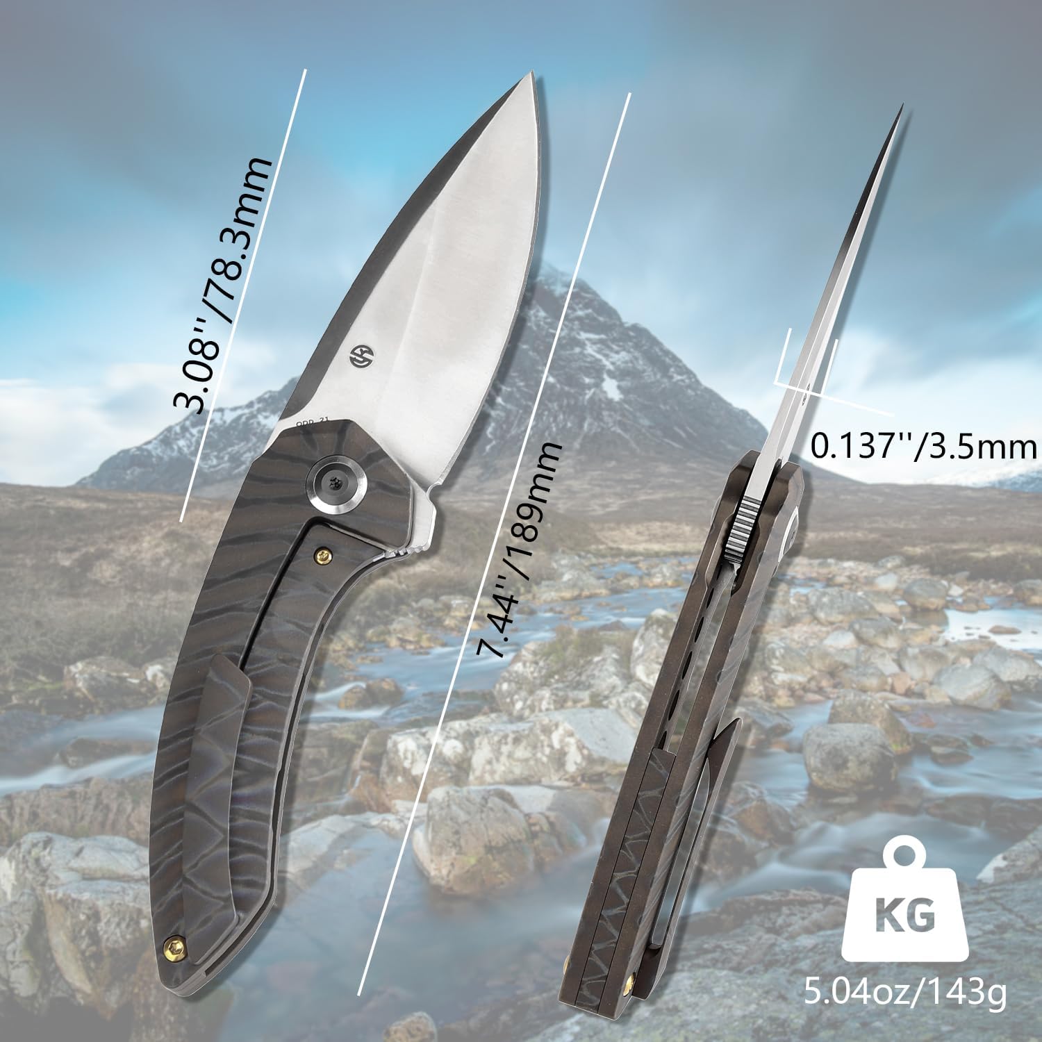 KANSEPT ODD 21 Pocket Folding Knives for Camping Hiking Folding Knife 3.06'' Satin CPM 20CV Blade EDC Knife with Titanium with Tiger Stripe Finish Handle for Men and Women Everyday Carry K1077A4