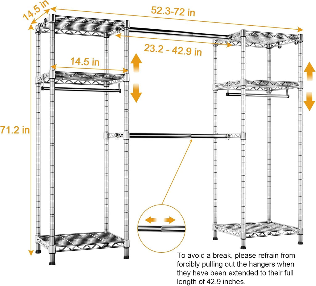 Ulif E7 Garment Rack, Heavy Duty Clothes Storage System with Extendable Hangers Rods, Metal Clothing Rack with 6 Wire Shelves, (52.3'-72') W x 14.5' D x 71.2' H, Load 838lbs, Chrome