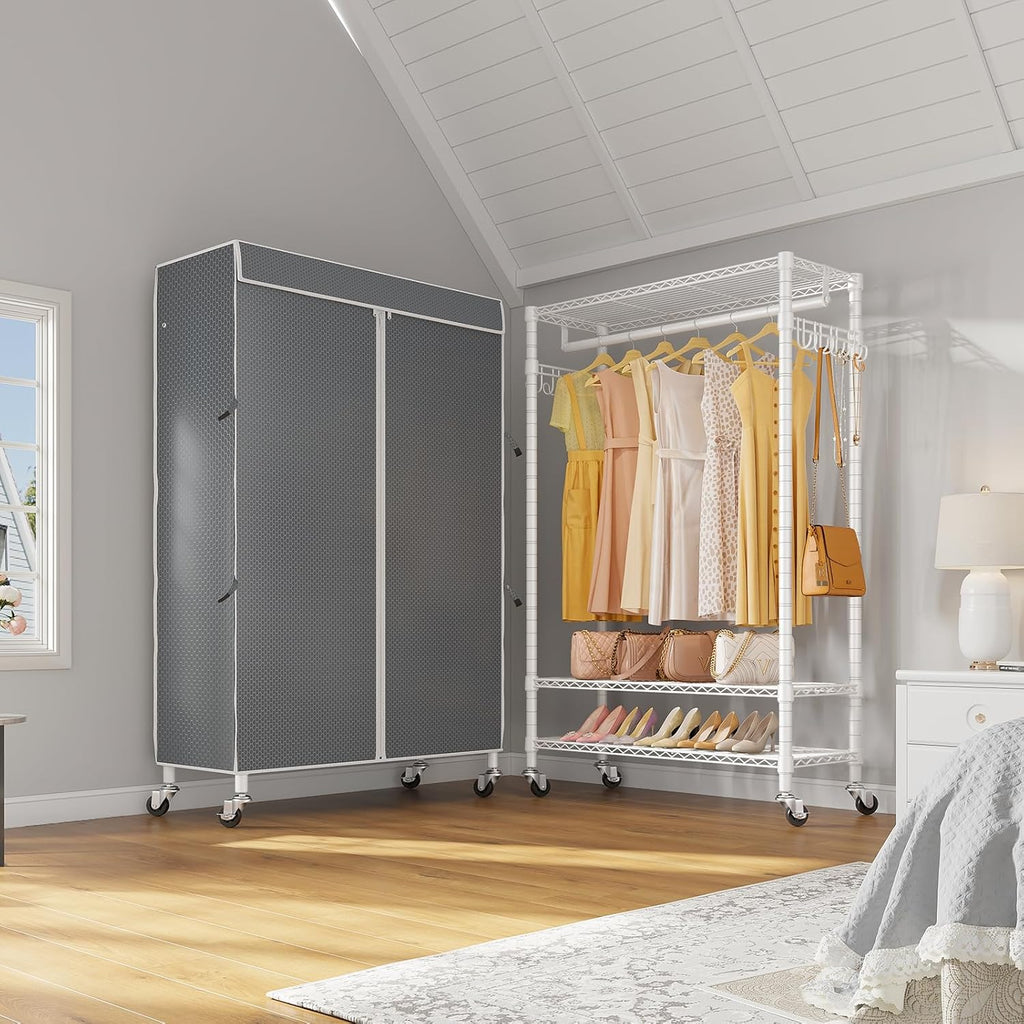 VIPEK R3C Portable Closet with Cover - Heavy Duty Freestanding Clothes Rack with Wheels & Hanging Rod & Side Hooks, 35.4' L x 15.7' W x 72.4' H, White Rack with Grey Upgraded Polyester Cover