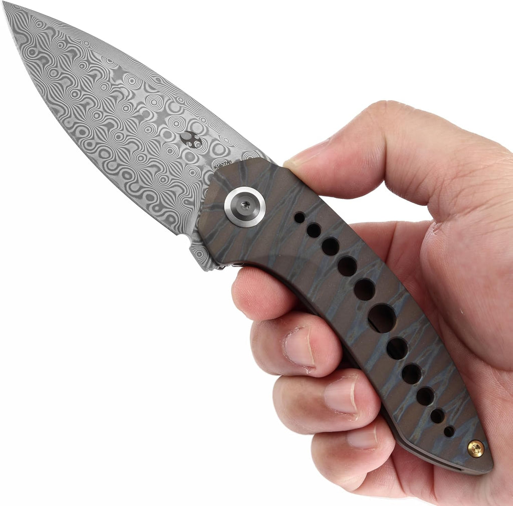 KANSEPT ODD 21 Pocket Folding Knives for Camping Hiking Folding Knife 3.06'' Damascus Blade EDC Knife with Titanium with Tiger Stripe Finish Handle for Men and Women Everyday Carry K1077A5