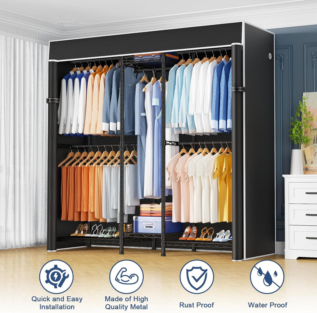 Ulif E12C Heavy Duty Closet Organizer System，Freestanding Clothing Rack, Adjustable Garment Rack 57.1' W x 16' D x 76.5' H Holds 860 lbs, Black Clothing Rack with Black Dustproof Cover