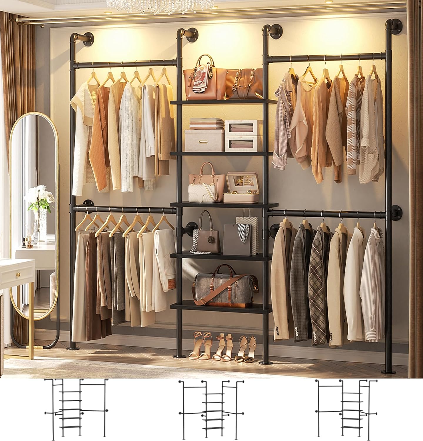 Aheaplus Industrial Pipe Clothing Rack, Reversible 6.42FT Clothes Rack for Hanging Clothes, Heavy Duty 5-Tier Closet Wardrobe Garment Racks with Shelves, Corner Closet Organizer System, Black