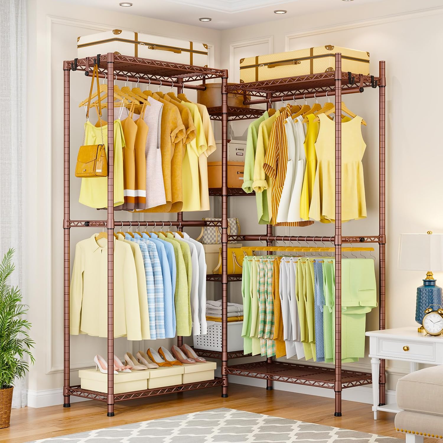 Ulif E4 Clothes Rack, Heavy-Duty Garment Rack, Metal Freestanding Clothing Organization Storage System Can Be L-Shaped with Shelves and Hangers, Max Load 962lbs, 71.6' W x 14.5' D x 79.3' H, Bronze