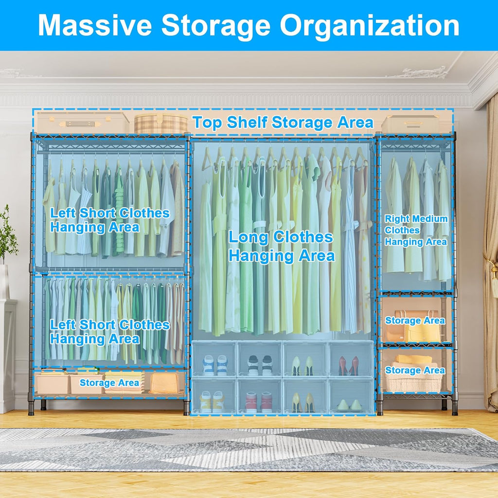Ulif E10 Clothes Rack（With Stretchable Hanger Rod）Freestanding Clothing Racks for Hanging Clothes，Adjustable Closet Organizer System，Portable Garment Rack 73-97' W x 15' D x 72' H，Max Load 800LBS，Grey