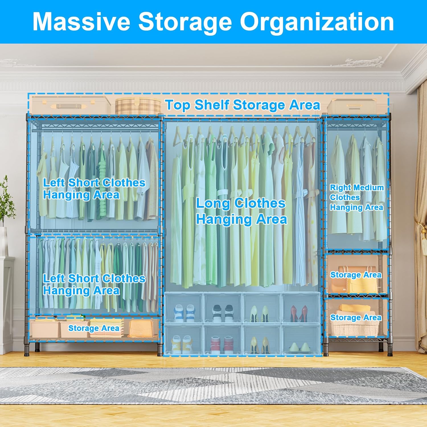 Ulif E10 Clothes Rack（With Stretchable Hanger Rod）Freestanding Clothing Racks for Hanging Clothes，Adjustable Closet Organizer System，Portable Garment Rack 73-97' W x 15' D x 72' H，Max Load 800LBS，Grey