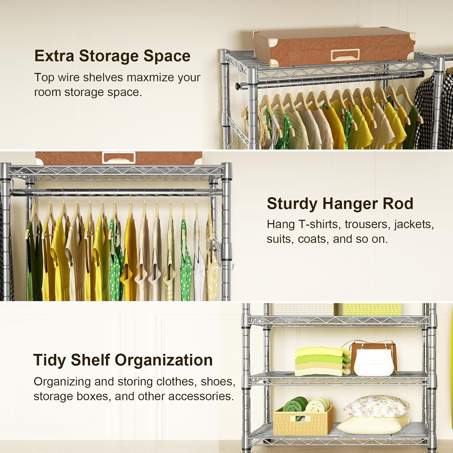 Ulif E1 Heavy Duty Closet Garment Rack, 6 Tiers Adjustable Metal Freestanding Expandable Clothing Storage with 4 Hanger Rods, Easy to Assemble Wardrobe, 71.4' H x (70' - 88.2') L x 14' D, Chrome