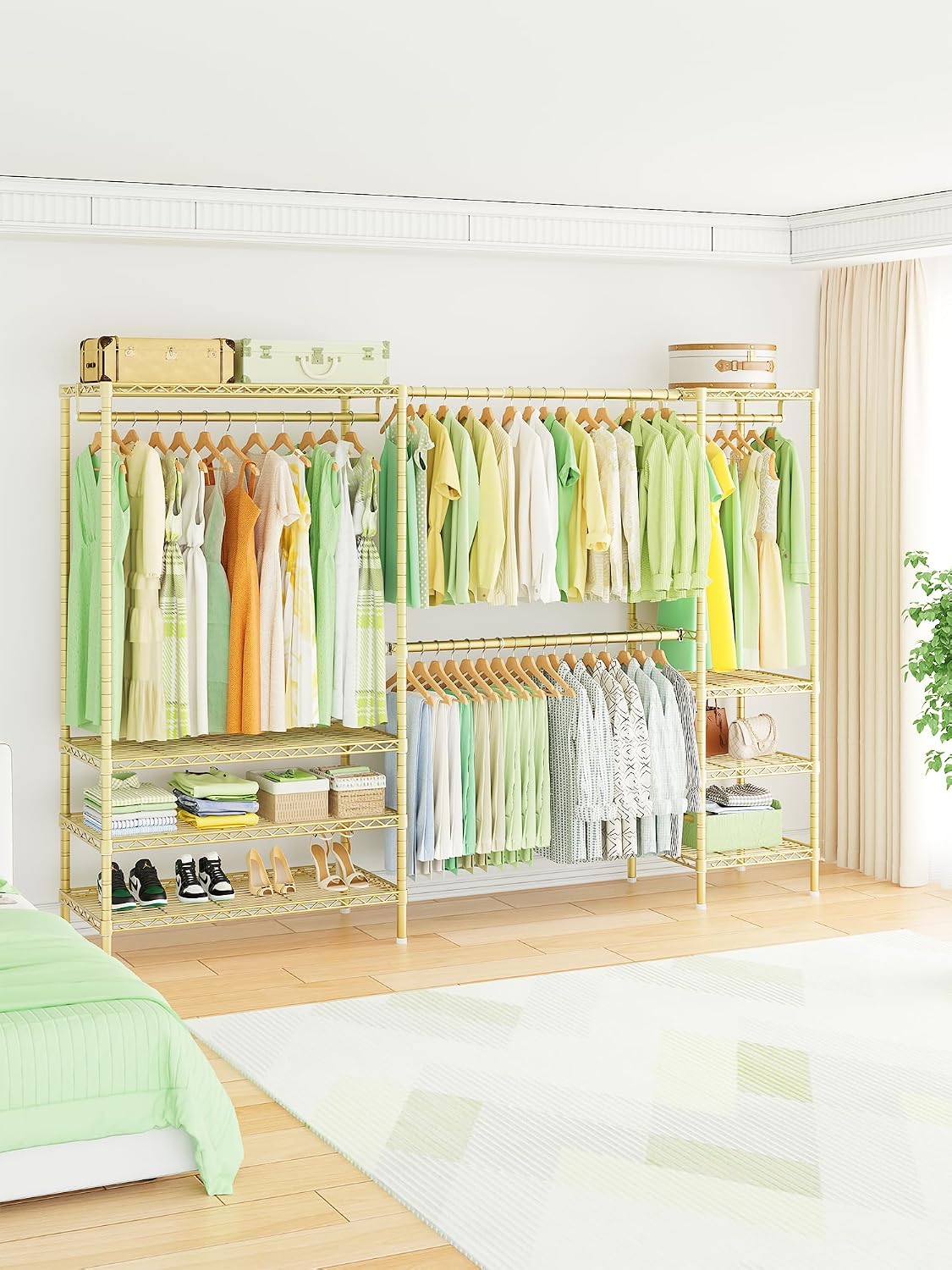 Ulif E11 Heavy-Duty Garment Rack, Metal Freestanding Clothes Rack and Closet Storage Organizer System with 8 Shelves and 4 Hanger Rods, (73.2-97.6)' W x 14.5' D x 71.2' H, Load 1034 LBS, Gold