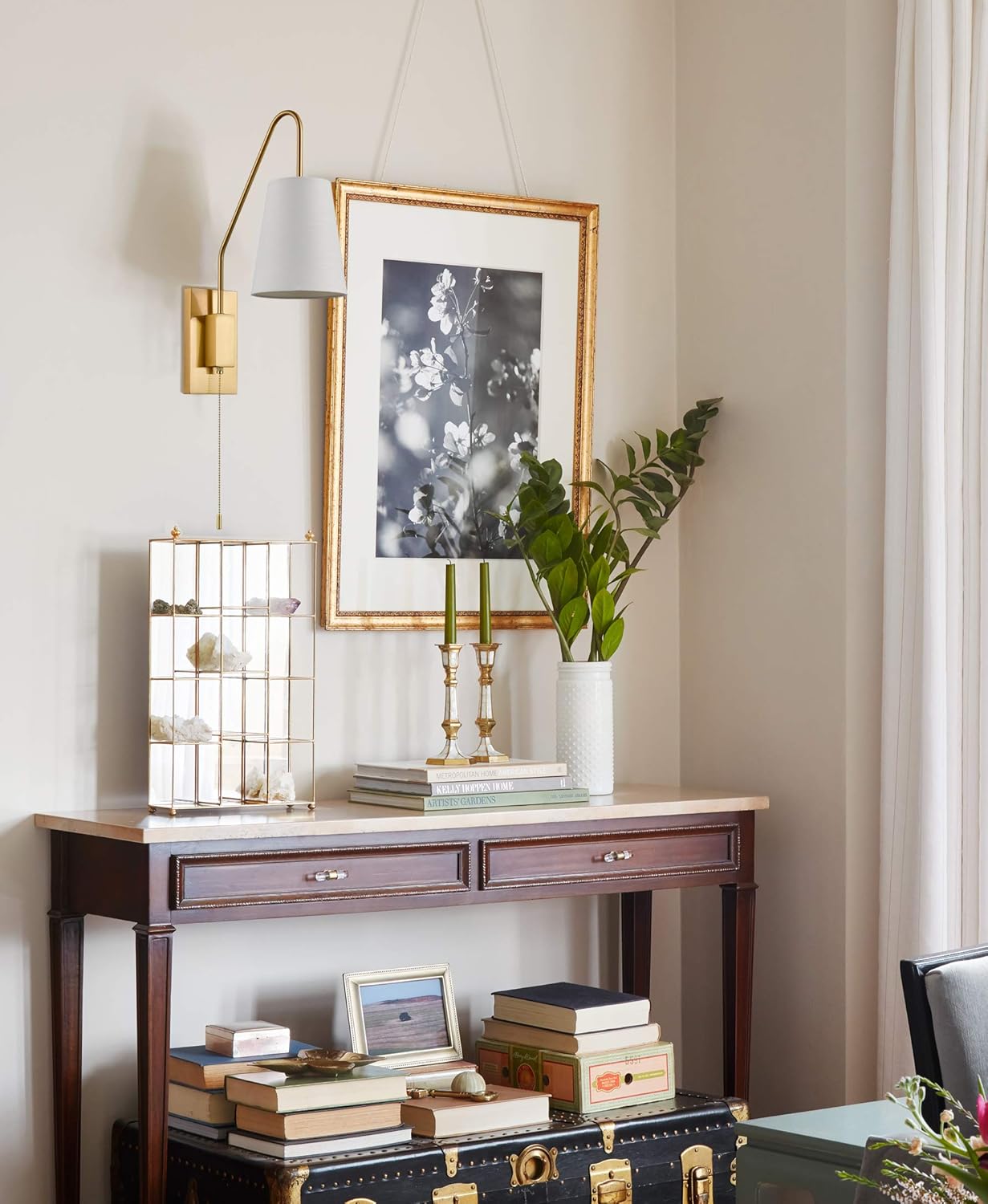 Modern Brass Plug-in Wall Sconces Set of Two Fabric Shade Bedroom Wall Lamp with Pull Chain Switch