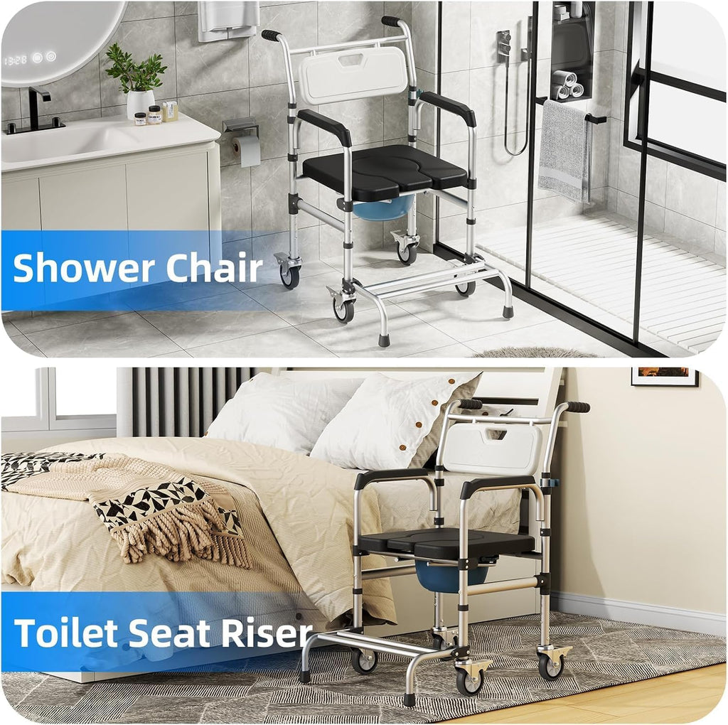 4 in 1 Rolling Bedside Commode Chair w/Wheels for Elderly, Shower Chair w/Handles for Height Raised Toilet Seat for Seniors, Disabled & Pregnant Holds Up to 350 lbs