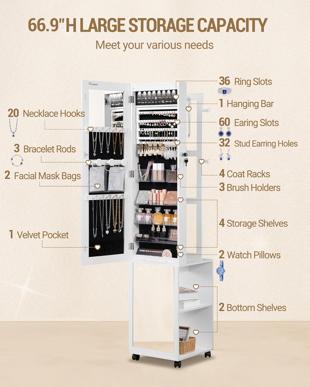 Hzuaneri 8 LEDs Jewelry Cabinet Armoire, 66.9-inch Jewelry Organizer with Garment Rack, Lockable Full-length Mirror with 4 Wheels, Storage Shelves with Hooks, 5-in-1, White and Beige JC17003B