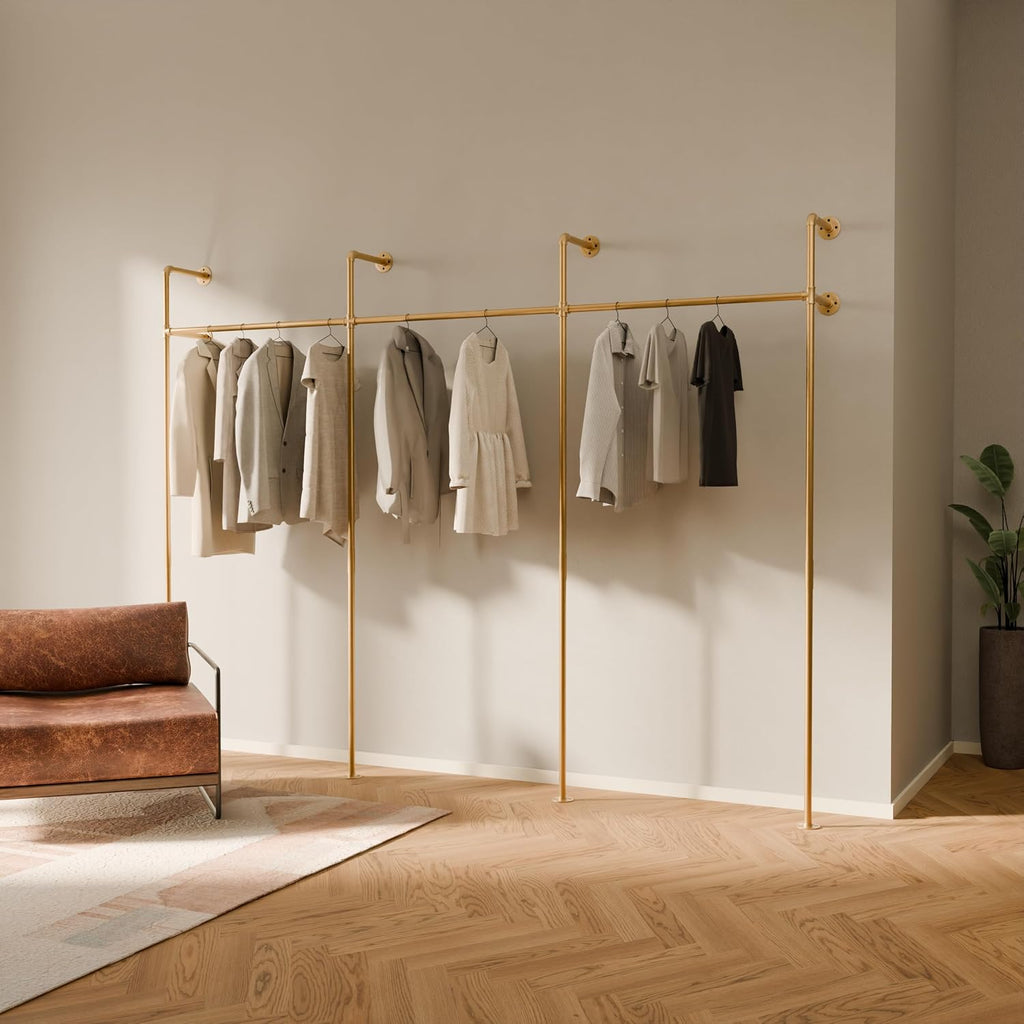 pamo Gold Clothing Rack Wall Mounted – Pipe Closet System in Gold Powder-Coated Steel – 117' W × 87' H, 750 lbs – Boutique, Walk-In Closet & Retail