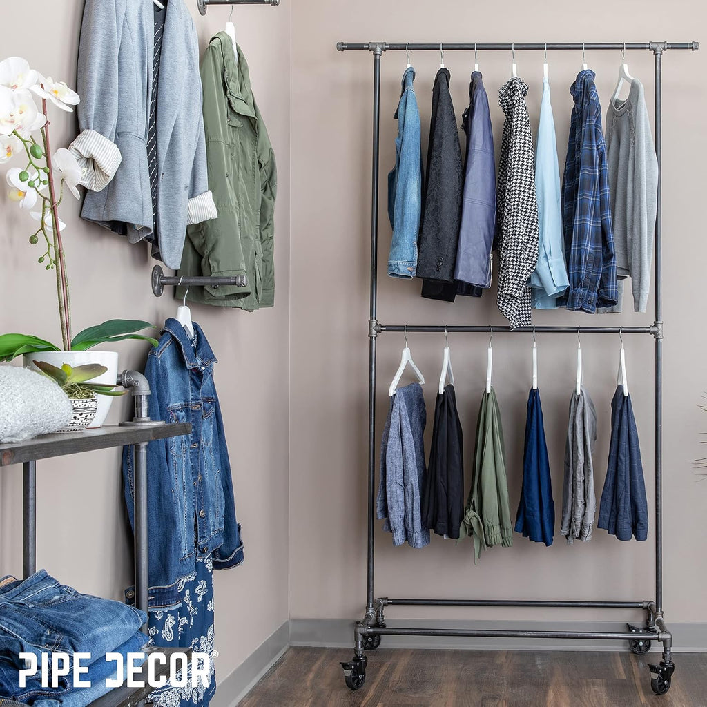PIPE DECOR 39' x 20 ¼' x 82' Rolling Steel Pipe Double Rod Clothing Rack, Commercial or Residential Industrial Clothes Display, Heavy Duty Black Steel Metal Wheeled Garment Frame