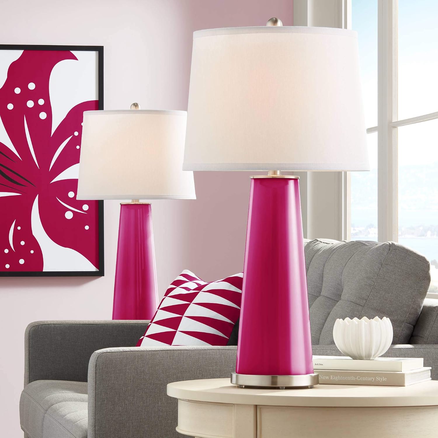 Color + Plus Leo Modern Table Lamps 29 1/2' Tall Set of 2 French Burgundy Glass Tapered Column Plain White Drum Shade for Bedroom Living Room House Home Bedside Nightstand Office Entryway
