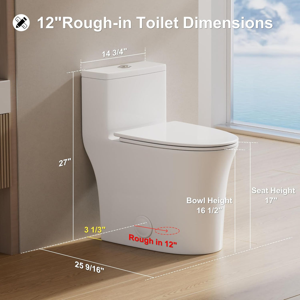 One Piece Sleek Modern Toilet, ADA Chair Seat Height 17', Dual Flush 0.9/1.28 GPF, MAP 1000g, 12' Rough-In, Compact Fully Skirted Toilet for Bathrooms Soft Close Seat