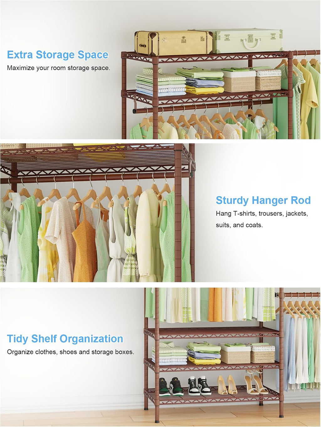Ulif E11 Heavy-Duty Garment Rack, Metal Freestanding Clothes Rack and Closet Storage Organizer System with 8 Shelves and 4 Hanger Rods, (73.2-97.6)' W x 14.5' D x 71.2' H, Load 1034 LBS, Bronze