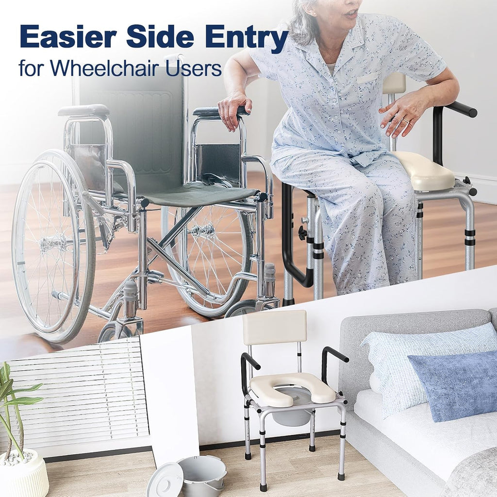 Drop Arm Bedside Commode, Commode Toilet with Padded Seat and Backrest, 400lbs Capacity, 6.3QT Removable Bucket and Splash Guard, Adjustable Height Portable Toilet for Adults, Beige