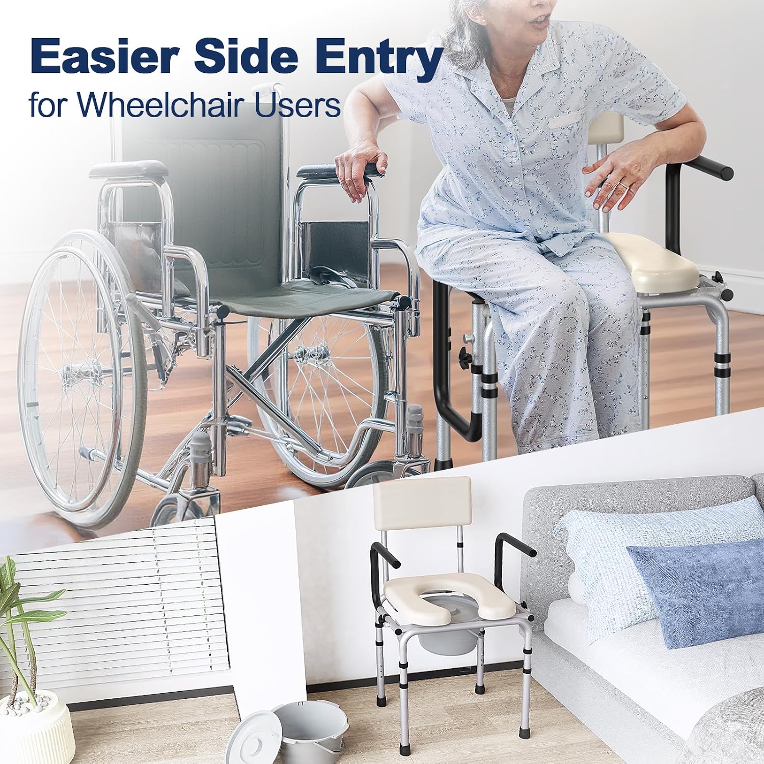 Drop Arm Bedside Commode, Commode Toilet with Padded Seat and Backrest, 400lbs Capacity, 6.3QT Removable Bucket and Splash Guard, Adjustable Height Portable Toilet for Adults, Beige